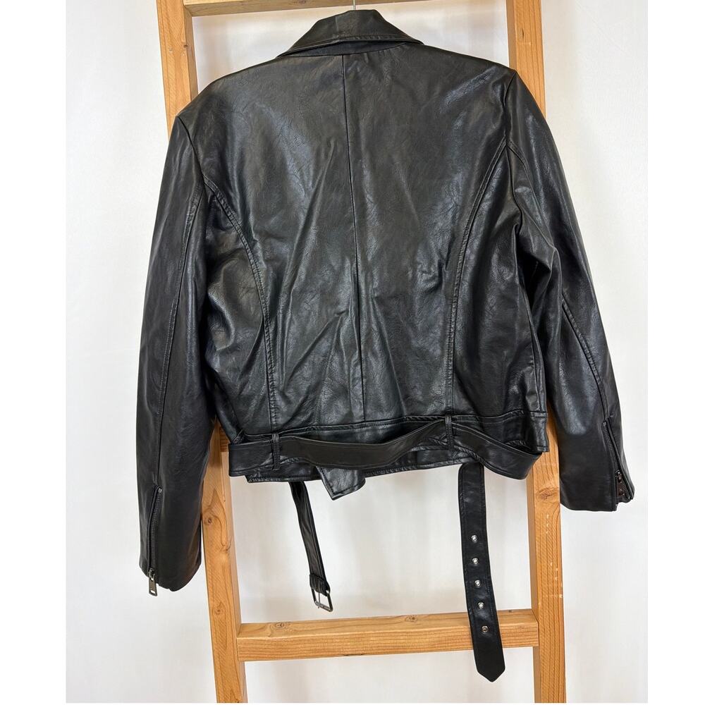 Elodie Black Asymmetrical Belted Moto Faux Leather Jacket XL - Picture 5 of 10